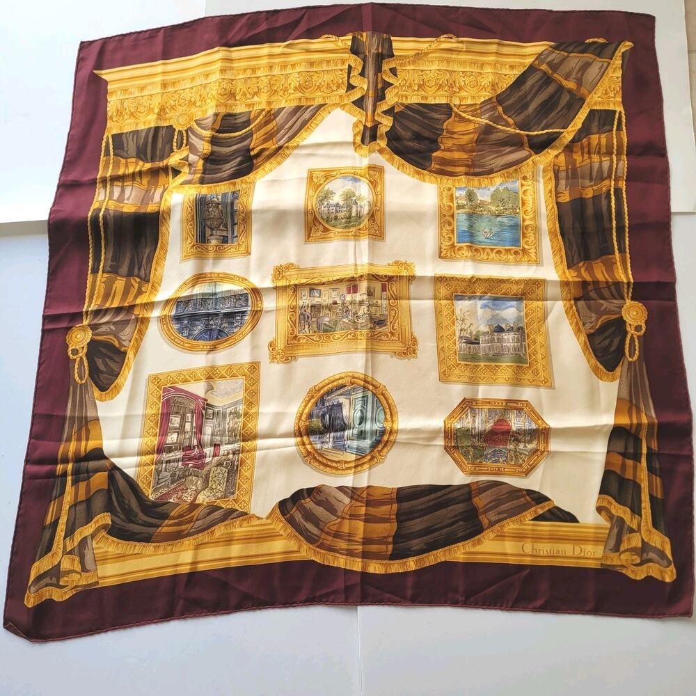 Christian Dior Silkโ Multicolored Baroque Square Scarf Pictures Brown Gold Large